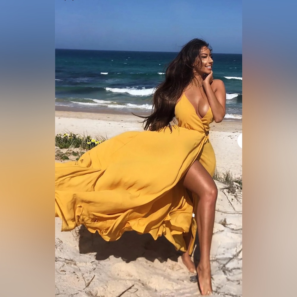 Fashion Nova River Flow Mustard Yellow V-Neck Tie-Waist Maxi Dress - Picture 4 of 10